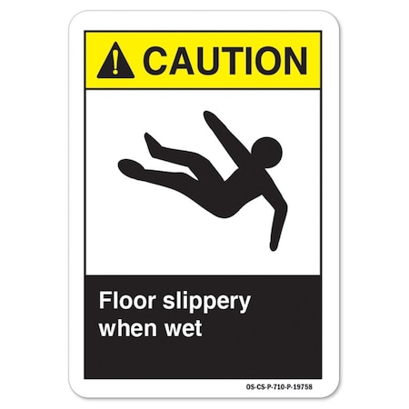 ANSI Caution Sign, Floor Slippery When Wet, 5in X 3.5in Decal